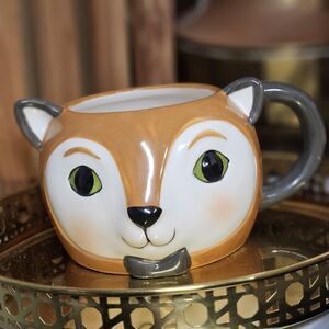 Vtg 3D Cute Red Fox Face Large Target Mug Bow Tie Green Eyes Microwaveable
